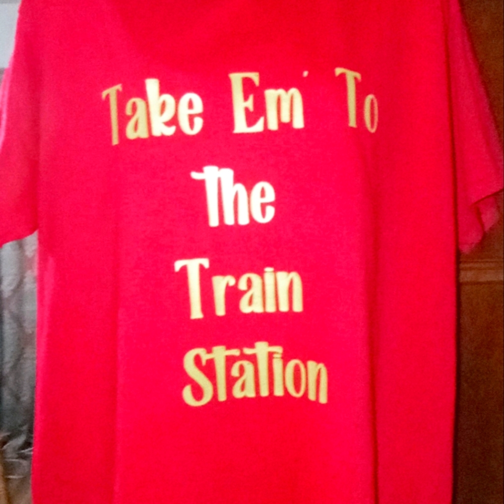 Maroon/gold "take him to the train station" men's large